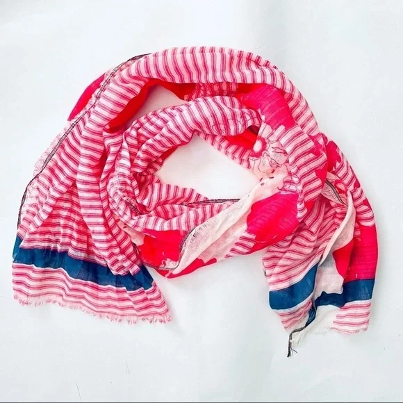 🎯3/$10 LOFT Coral White Grain Stripe Floral Lightweight Scarf Blue Border - Picture 1 of 6